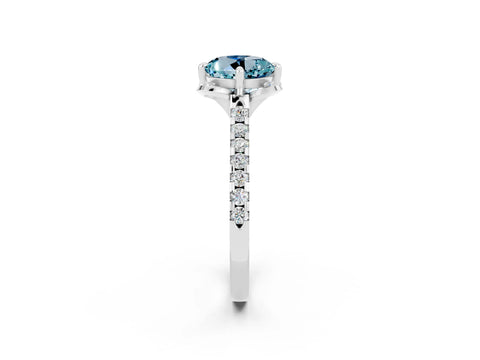 White gold Round Cut Aquamarine Ring with Pavé Band and Floral Prong Setting_2