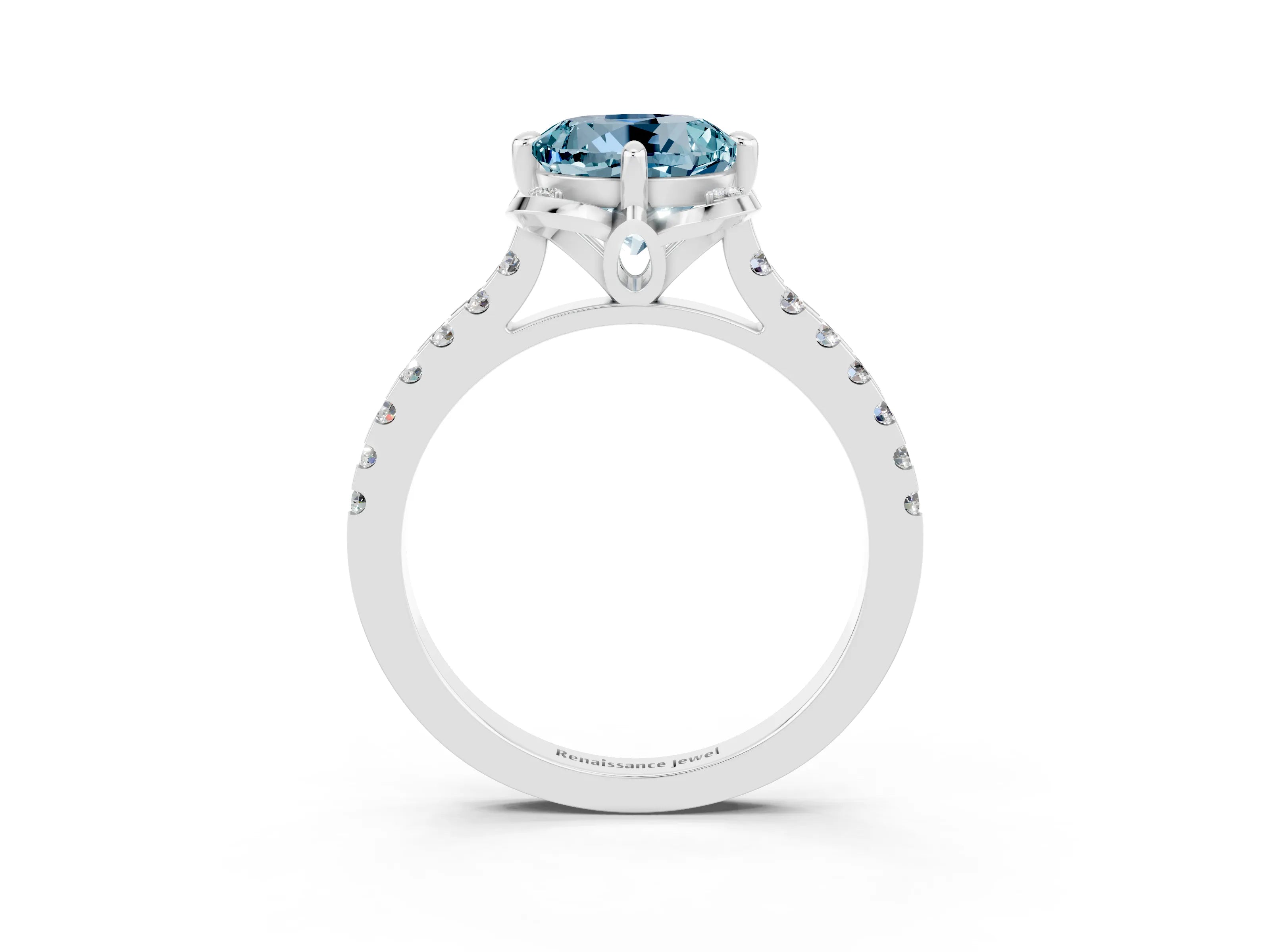 White gold Round Cut Aquamarine Ring with Pavé Band and Floral Prong Setting_3