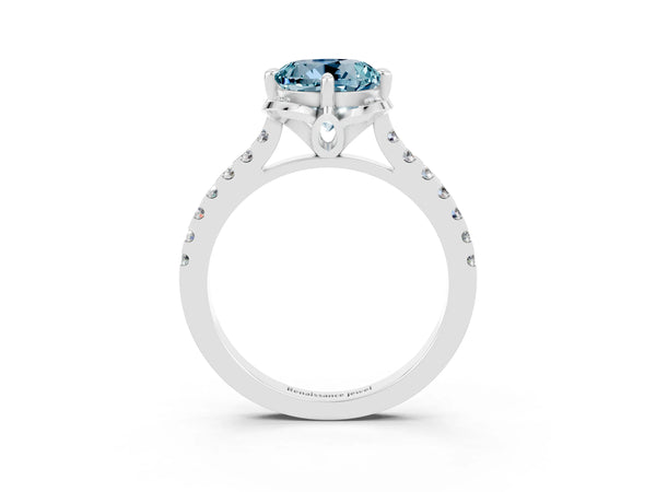 Silver Round Cut Aquamarine Ring with Pavé Band and Floral Prong Setting