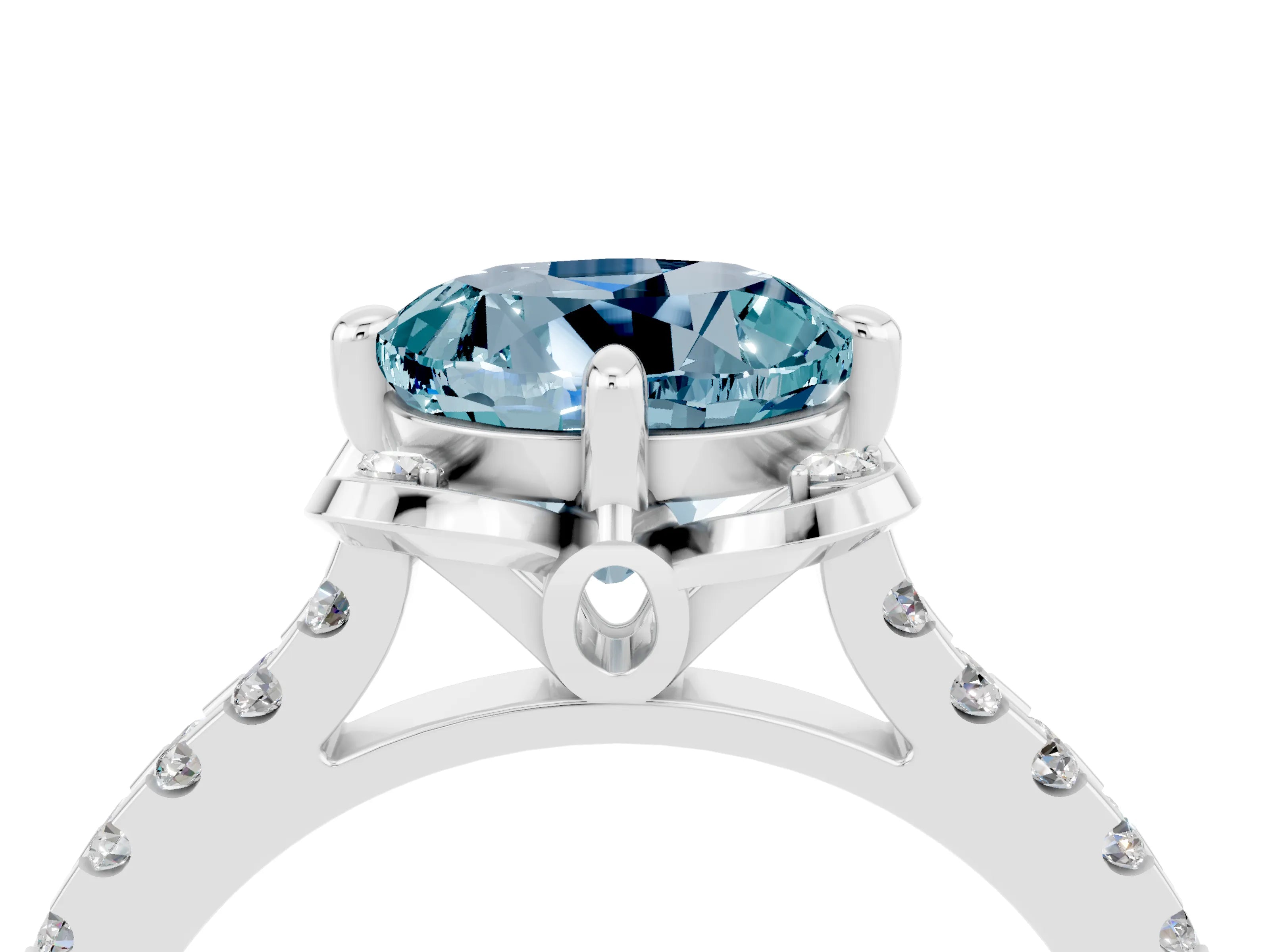 White gold Round Cut Aquamarine Ring with Pavé Band and Floral Prong Setting_4
