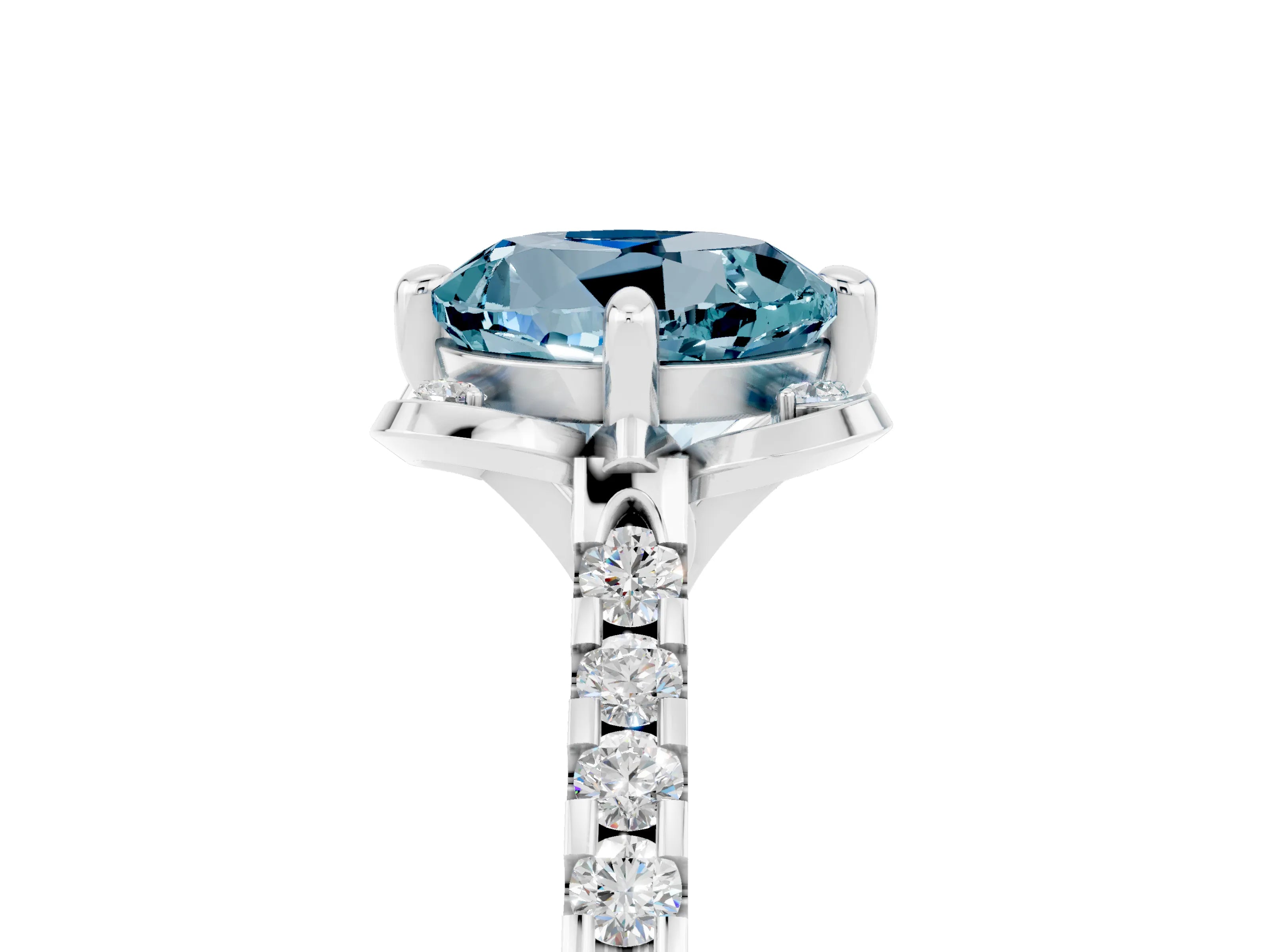 White gold Round Cut Aquamarine Ring with Pavé Band and Floral Prong Setting_5