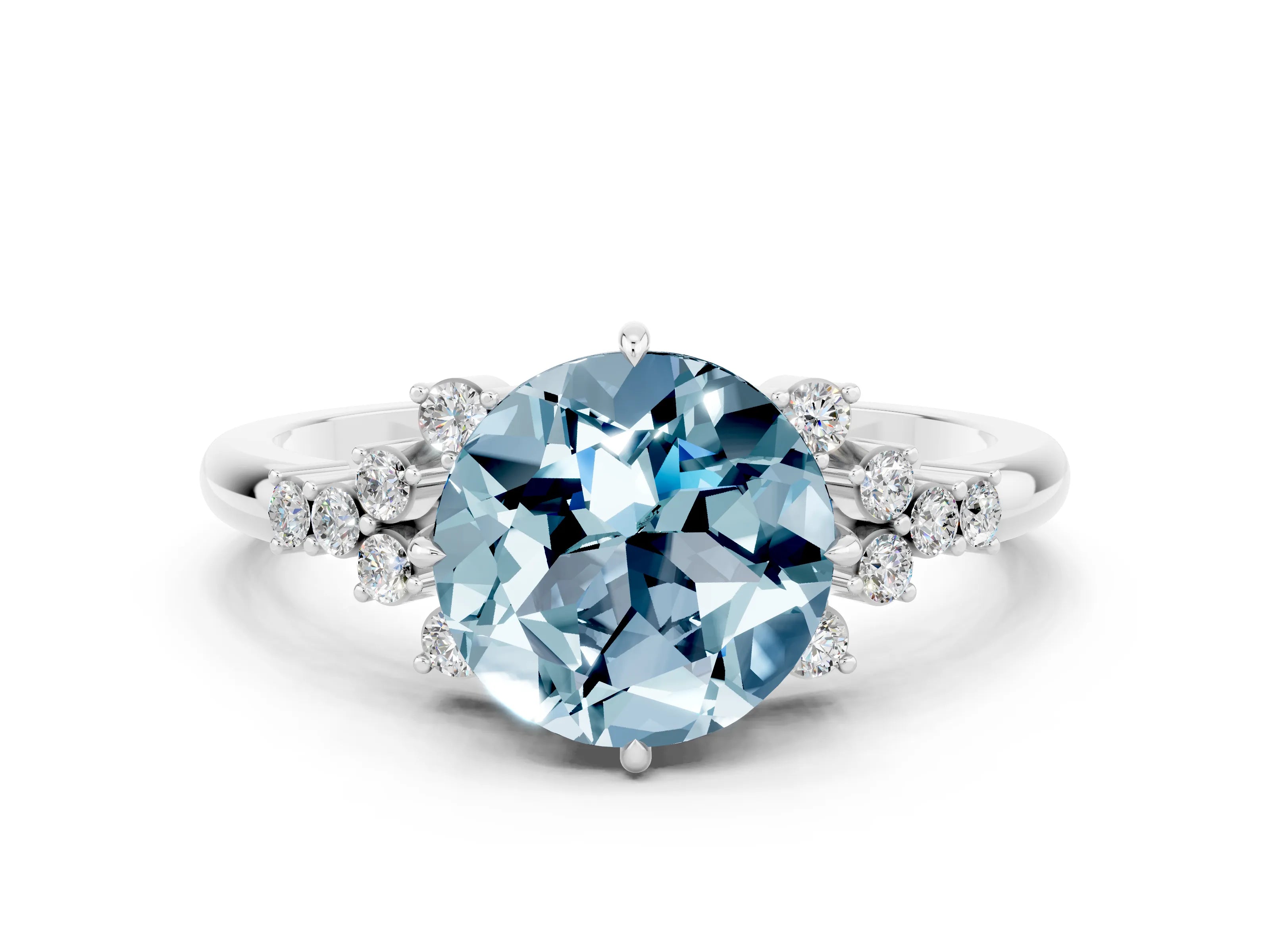 White gold Round Cut Aquamarine Ring with Side Stones and Four-Prong Setting_36