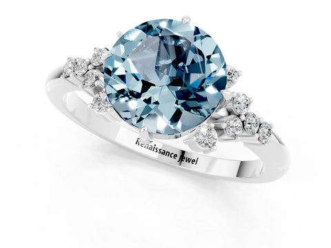 White gold Round Cut Aquamarine Ring with Side Stones and Four-Prong Setting_37