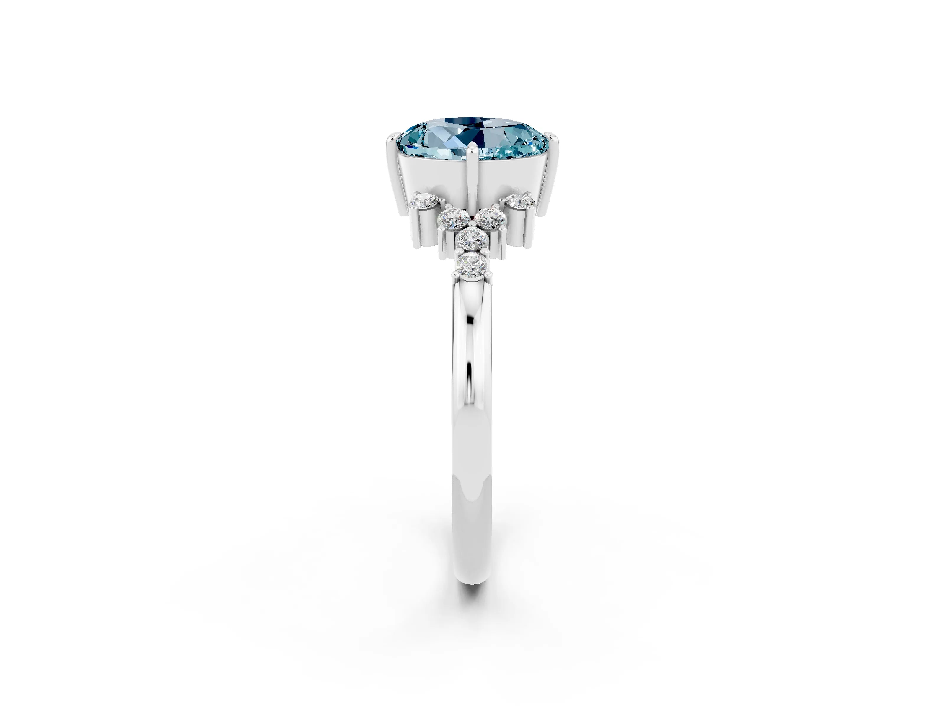 White gold Round Cut Aquamarine Ring with Side Stones and Four-Prong Setting_38
