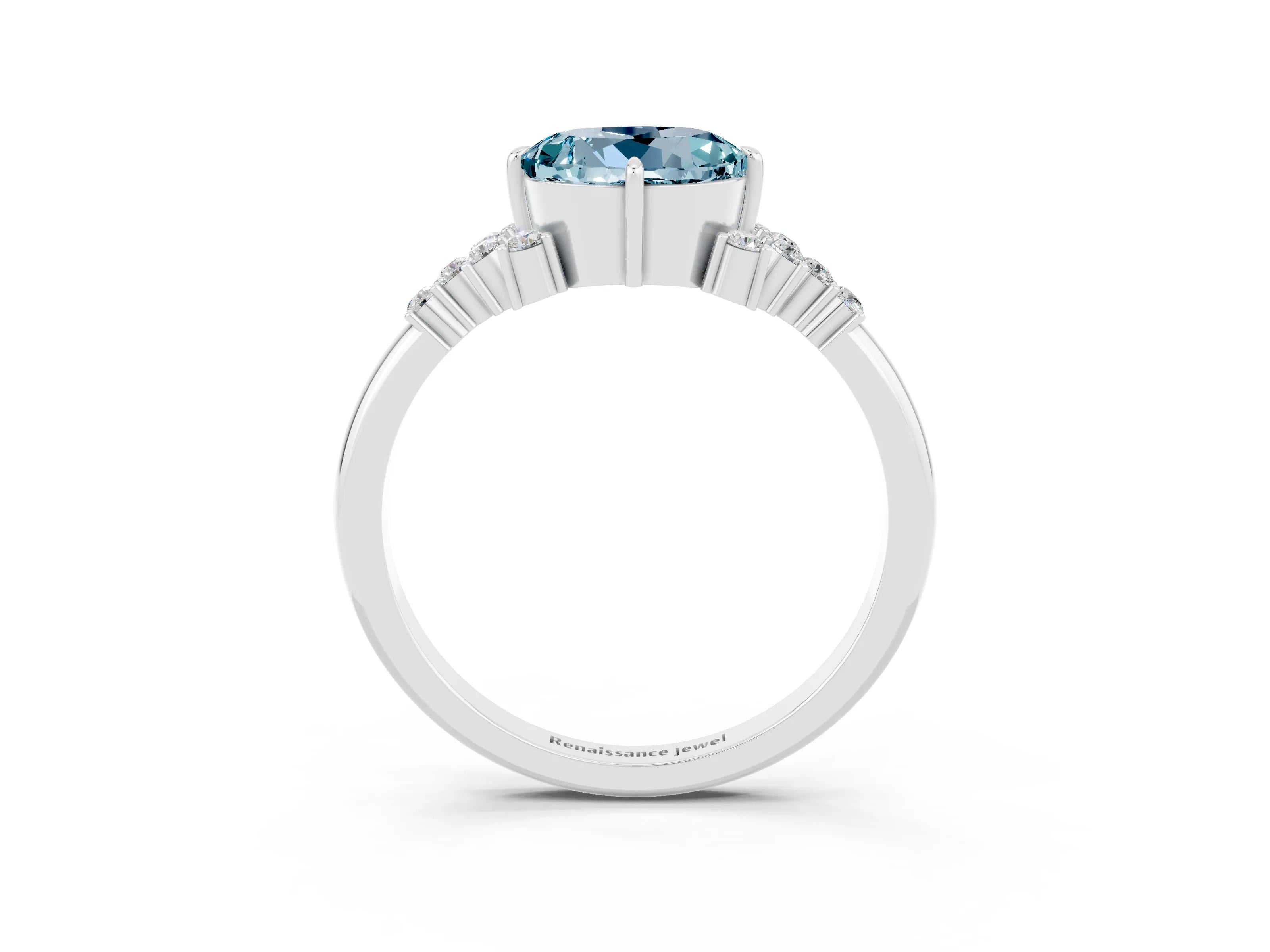 White gold Round Cut Aquamarine Ring with Side Stones and Four-Prong Setting_39