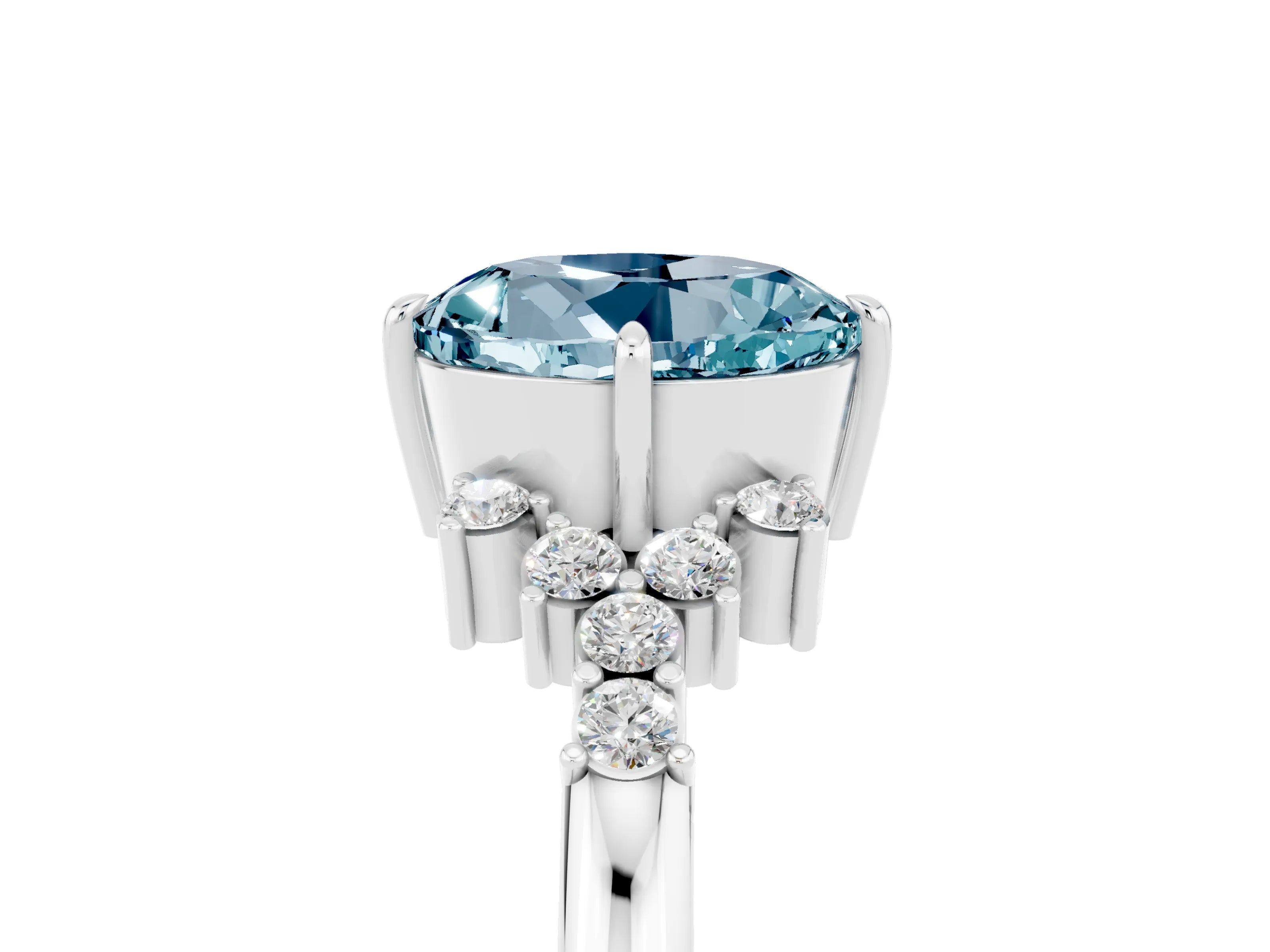 White gold Round Cut Aquamarine Ring with Side Stones and Four-Prong Setting_41
