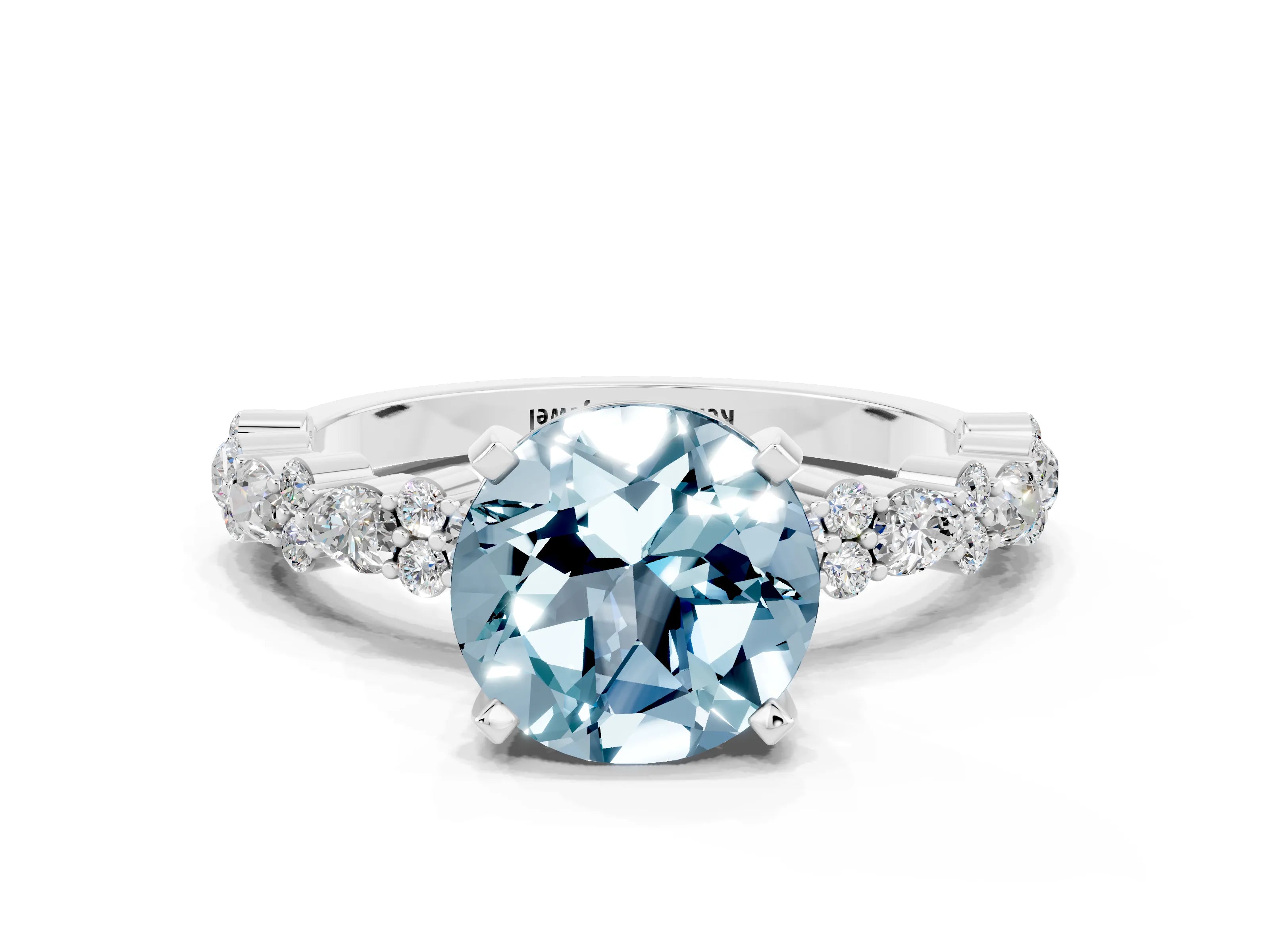 White gold Round Cut Aquamarine Side Stone Solitaire Ring with Round  and Four-Prong Setting_48