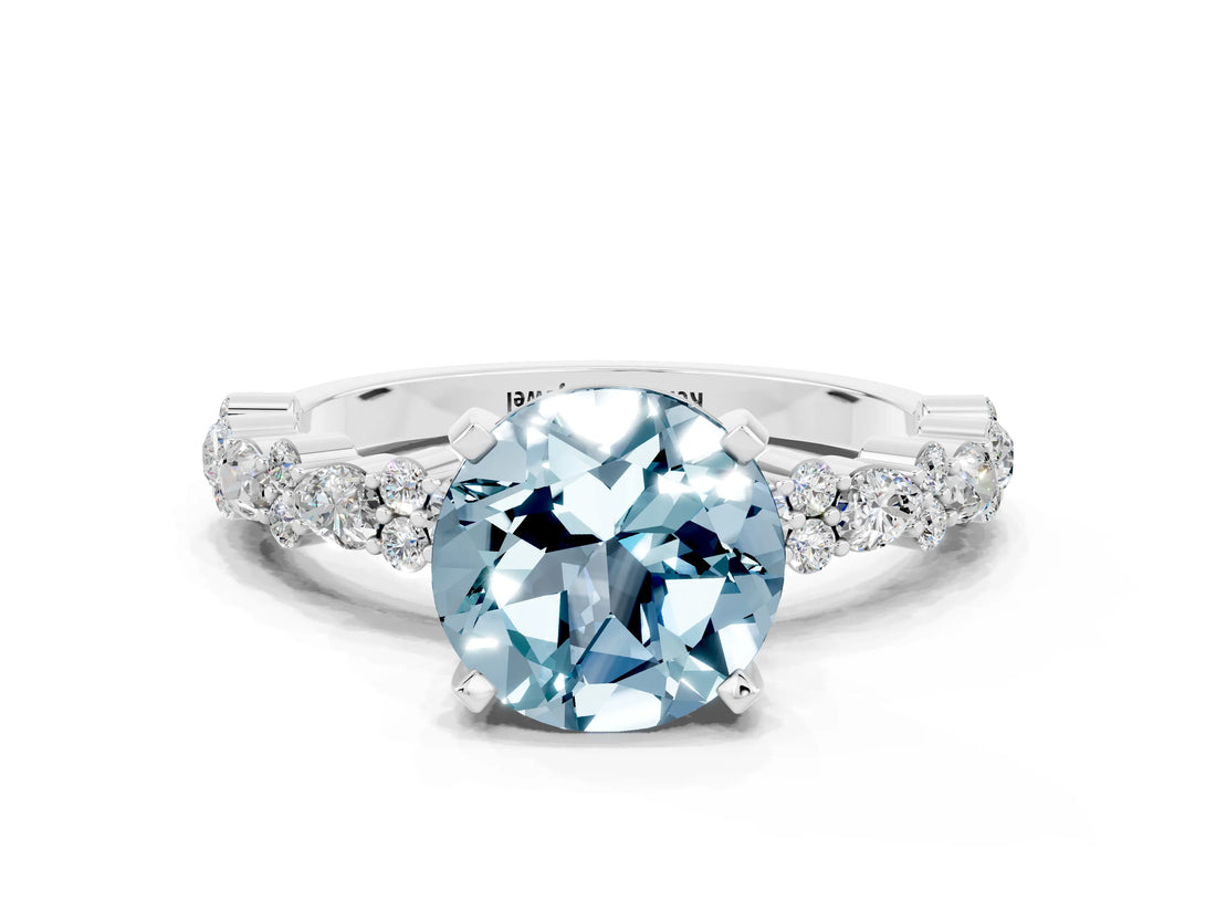 White gold Round Cut Aquamarine Side Stone Solitaire Ring with Round  and Four-Prong Setting_48