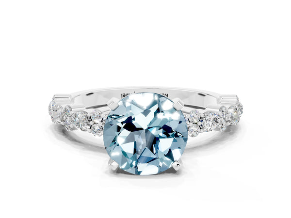 White gold Round Cut Aquamarine Side Stone Solitaire Ring with Round  and Four-Prong Setting