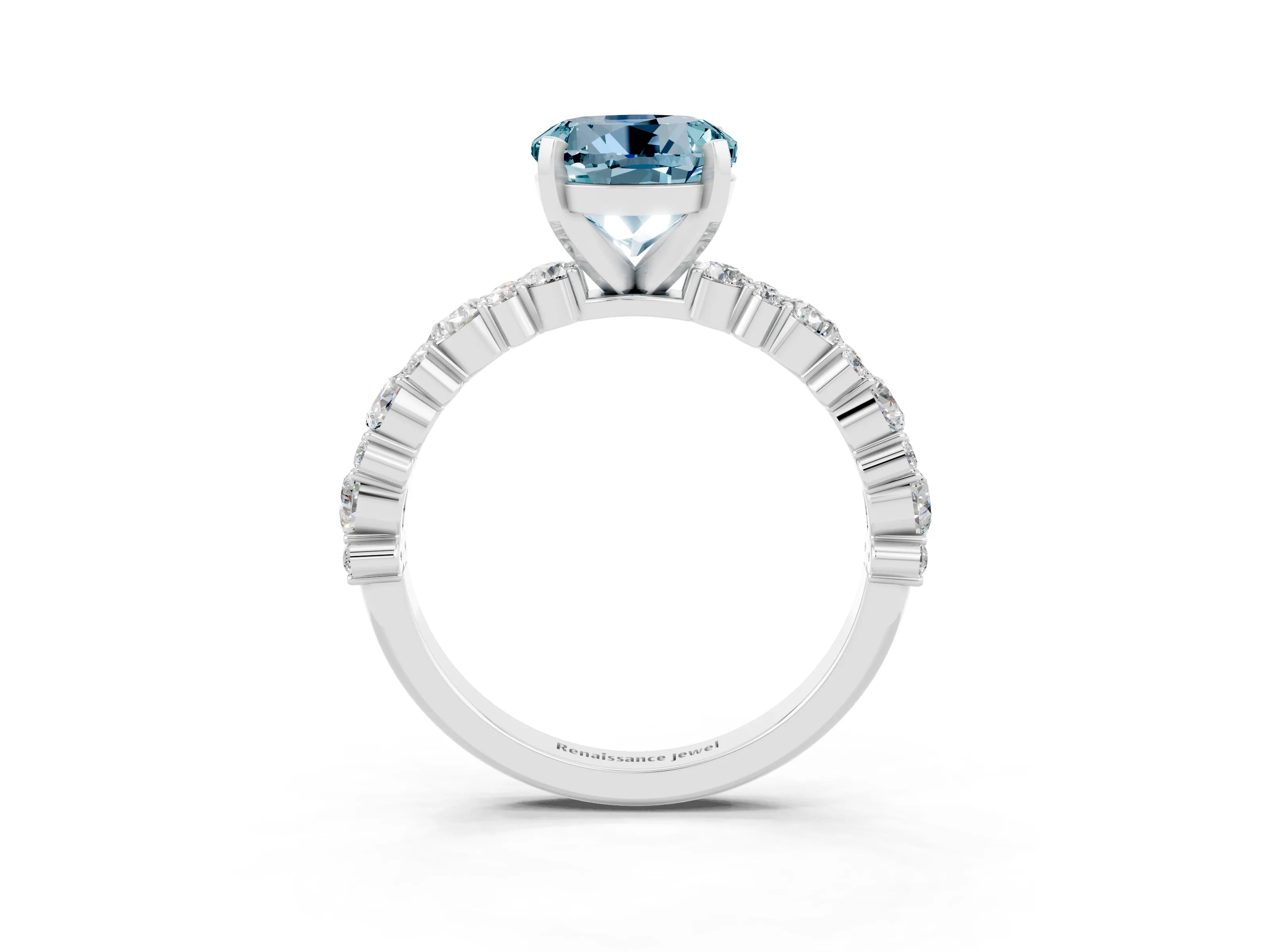 White gold Round Cut Aquamarine Side Stone Solitaire Ring with Round  and Four-Prong Setting_51