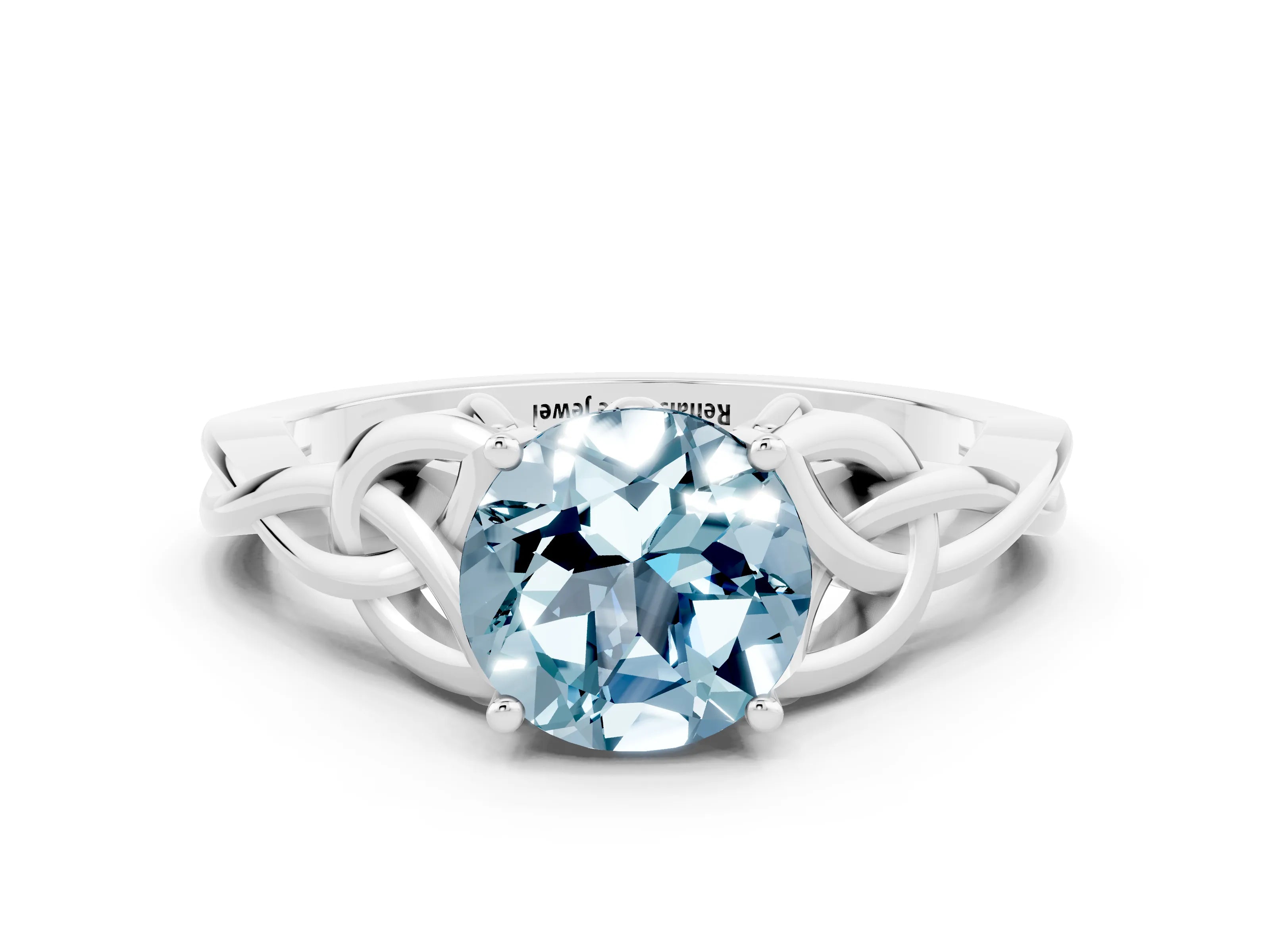 White gold Round Cut Aquamarine Solitaire Celtic Knot Ring with Four-Prong Setting_12