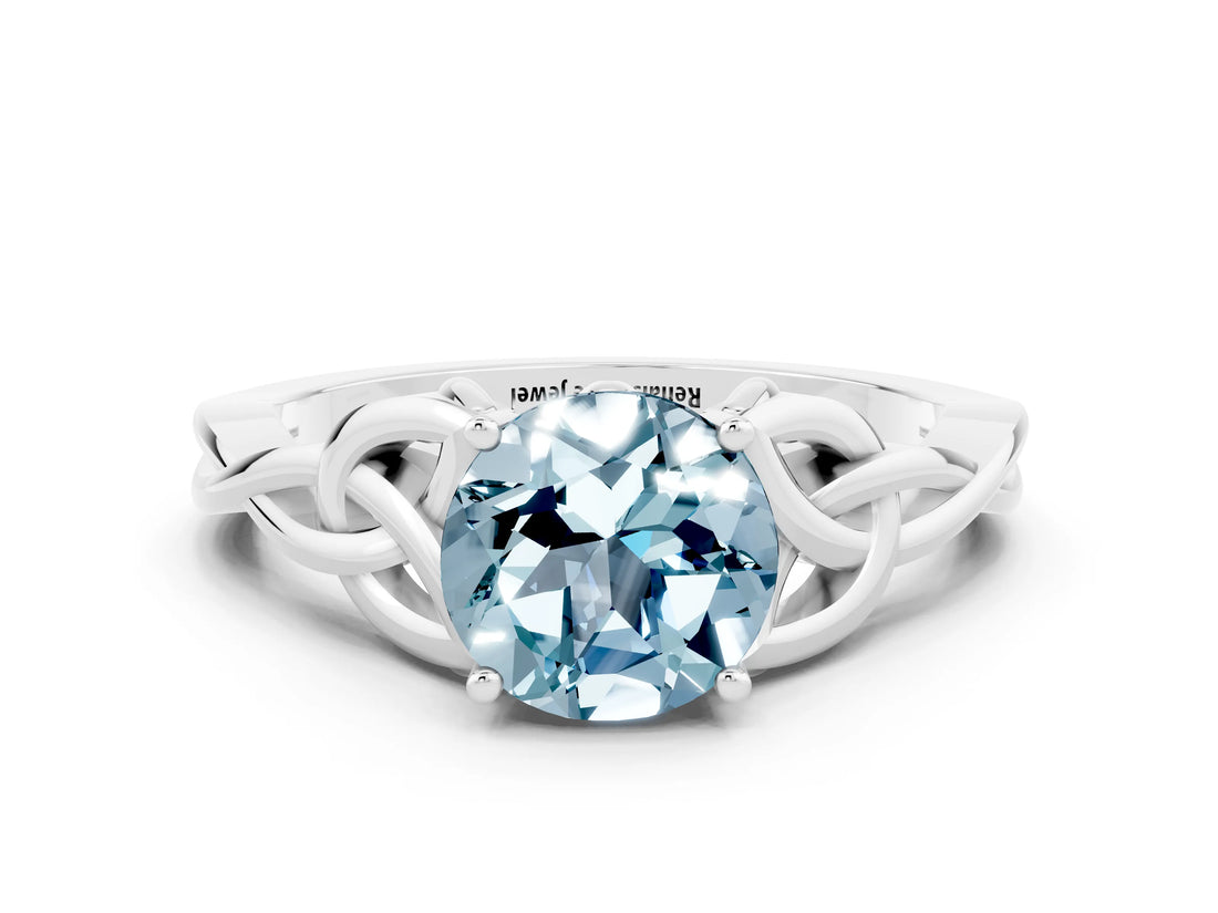 White gold Round Cut Aquamarine Solitaire Celtic Knot Ring with Four-Prong Setting_12
