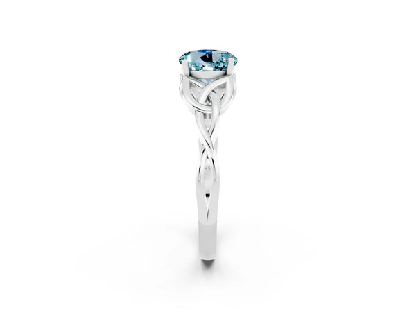 Silver Round Cut Aquamarine Solitaire Celtic Knot Ring with Four-Prong Setting