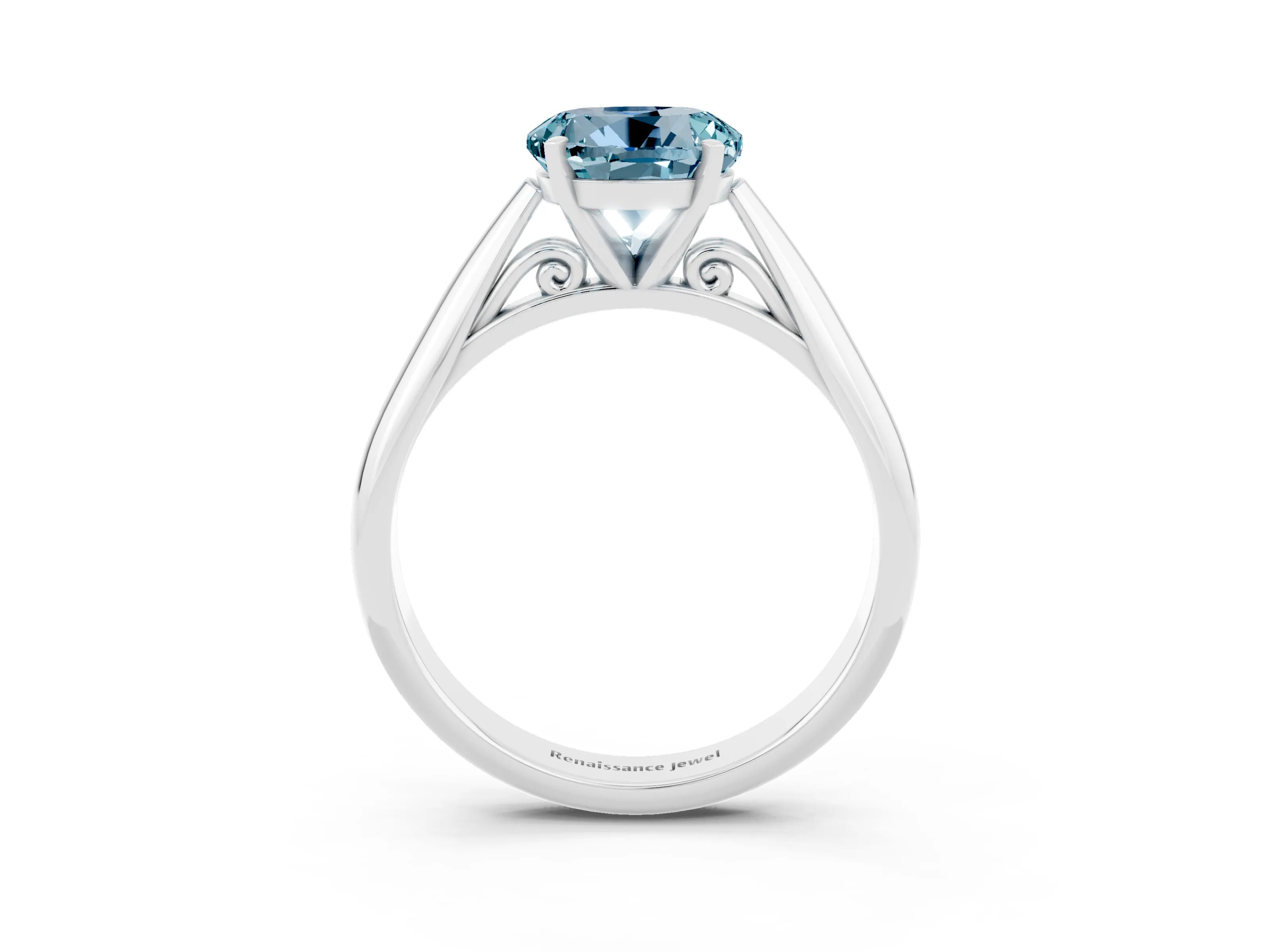 White gold Round Cut Aquamarine Solitaire Engagement Ring with Cathedral Setting and Four-Prong Mount_15