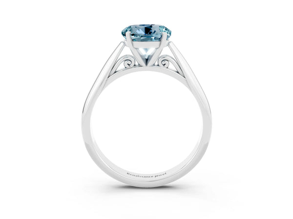 Platinum Round Cut Aquamarine Solitaire Engagement Ring with Cathedral Setting and Four-Prong Mount