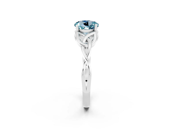 White gold Round Cut Aquamarine Solitaire Engagement Ring with Celtic Knot Band and Four-Prong Setting