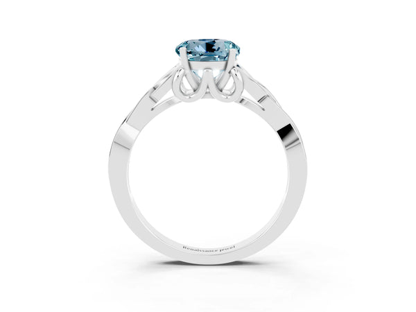 Platinum Round Cut Aquamarine Solitaire Engagement Ring with Celtic Knot Band and Four-Prong Setting