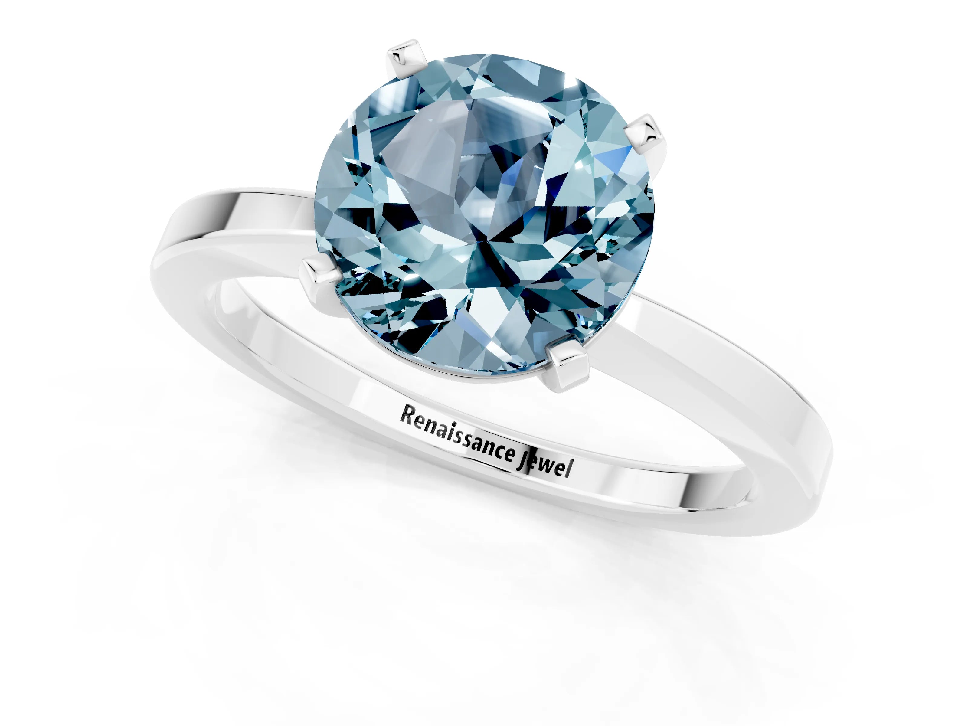 White gold Round Cut Aquamarine Solitaire Engagement Ring with Classic Band and Four-Prong Setting_25