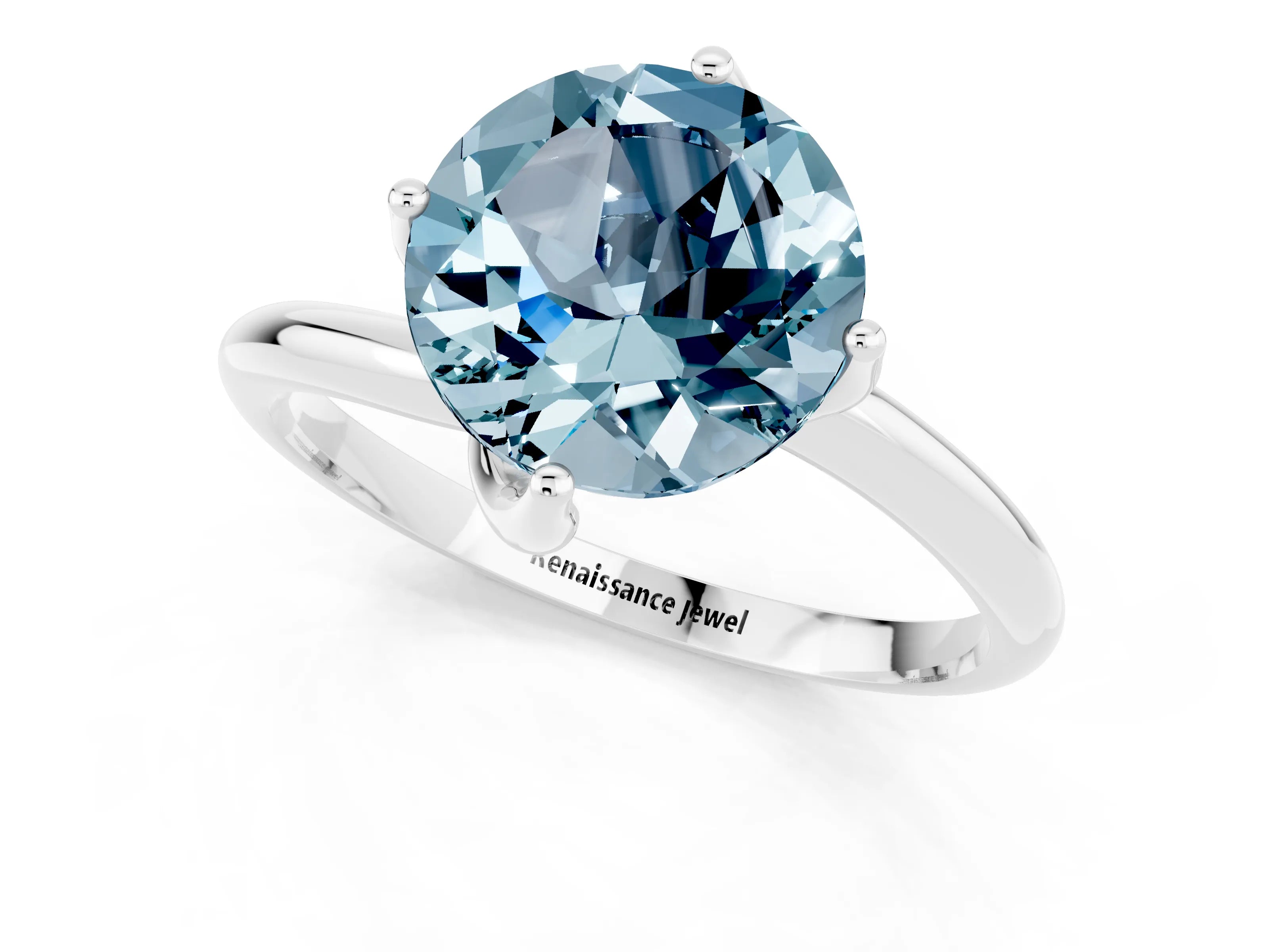 White gold Round Cut Aquamarine Solitaire Engagement Ring with Four-Prong Setting and Classic Band_13