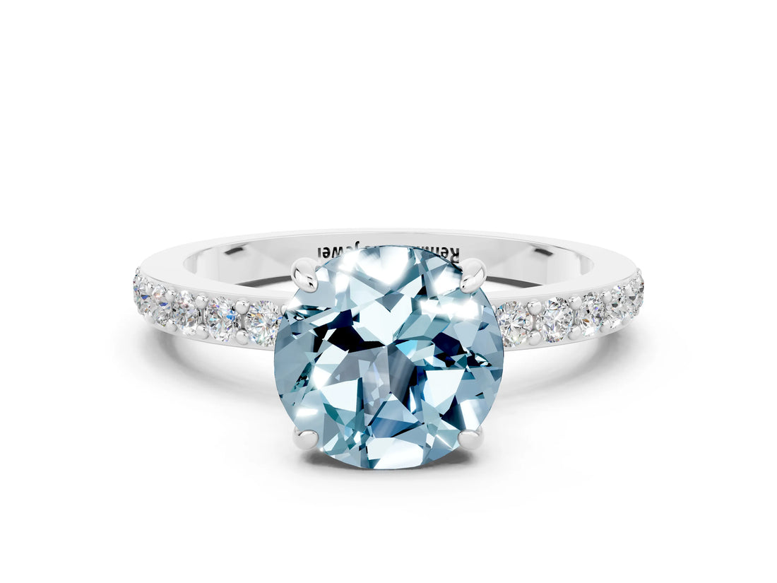 White gold Round Cut Aquamarine Solitaire Engagement Ring with Pavé Band and Four-Prong Setting