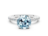 White gold Round Cut Aquamarine Solitaire Engagement Ring with Pavé Band and Four-Prong Setting
