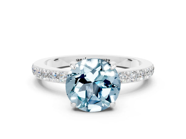 White gold Round Cut Aquamarine Solitaire Engagement Ring with Pavé Band and Four-Prong Setting