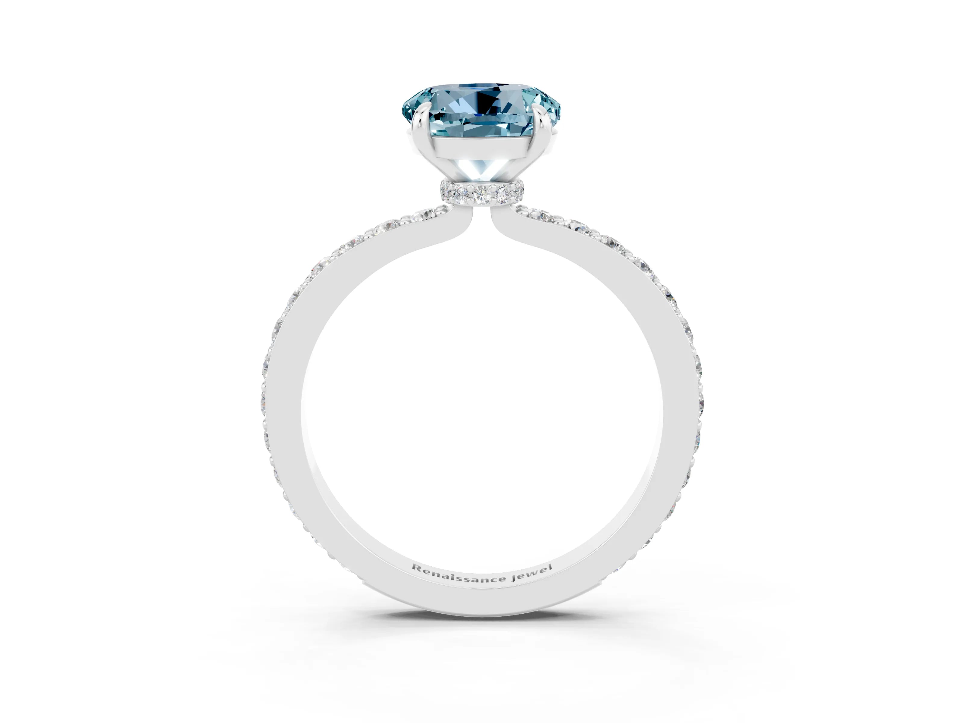 White gold Round Cut Aquamarine Solitaire Engagement Ring with Pavé Band and Four-Prong Setting_3