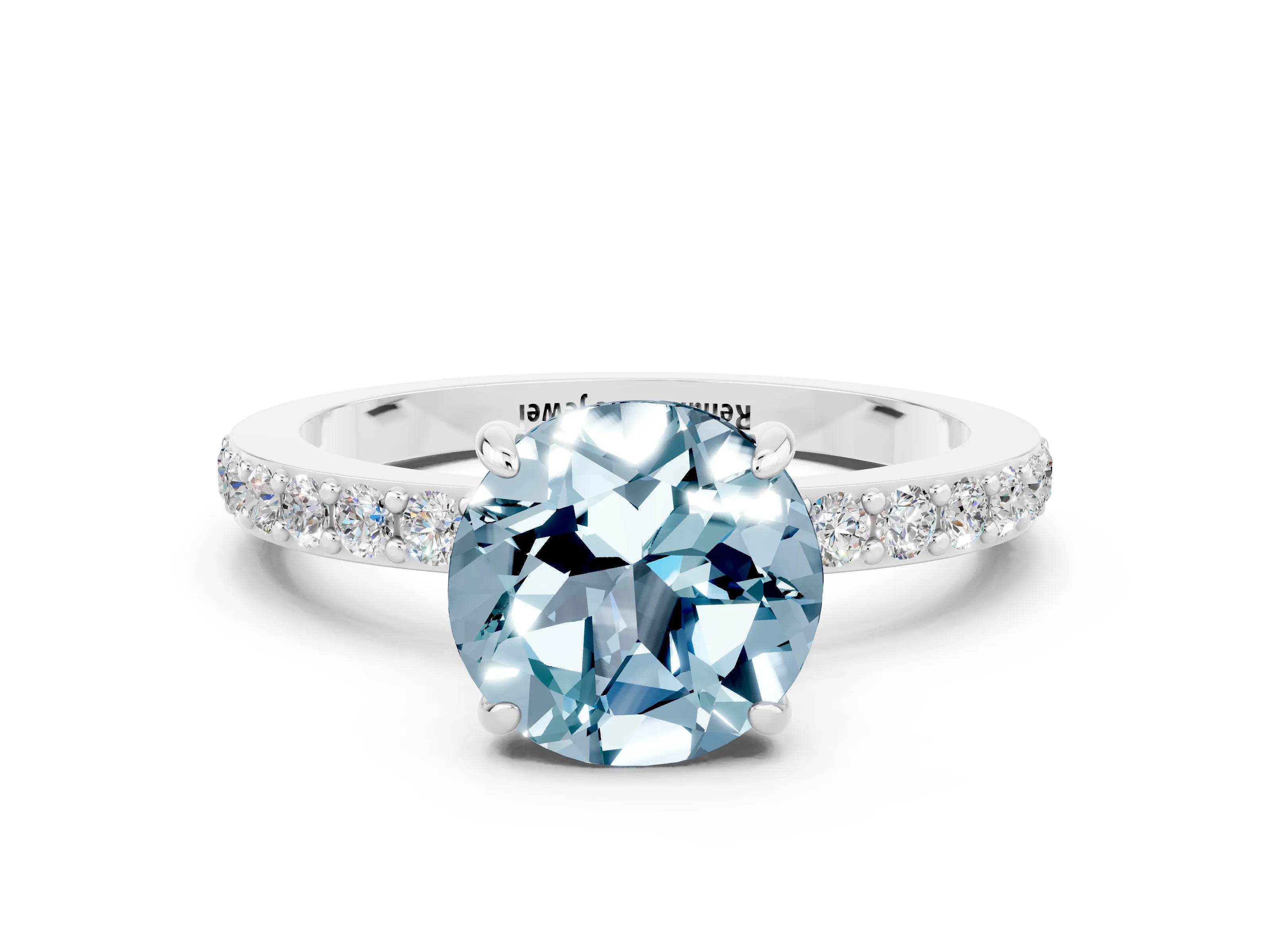 White gold Round Cut Aquamarine Solitaire Engagement Ring with Pavé Band and Four-Prong Setting