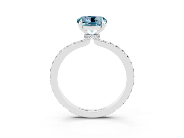 White gold Round Cut Aquamarine Solitaire Engagement Ring with Pavé Band and Four-Prong Setting