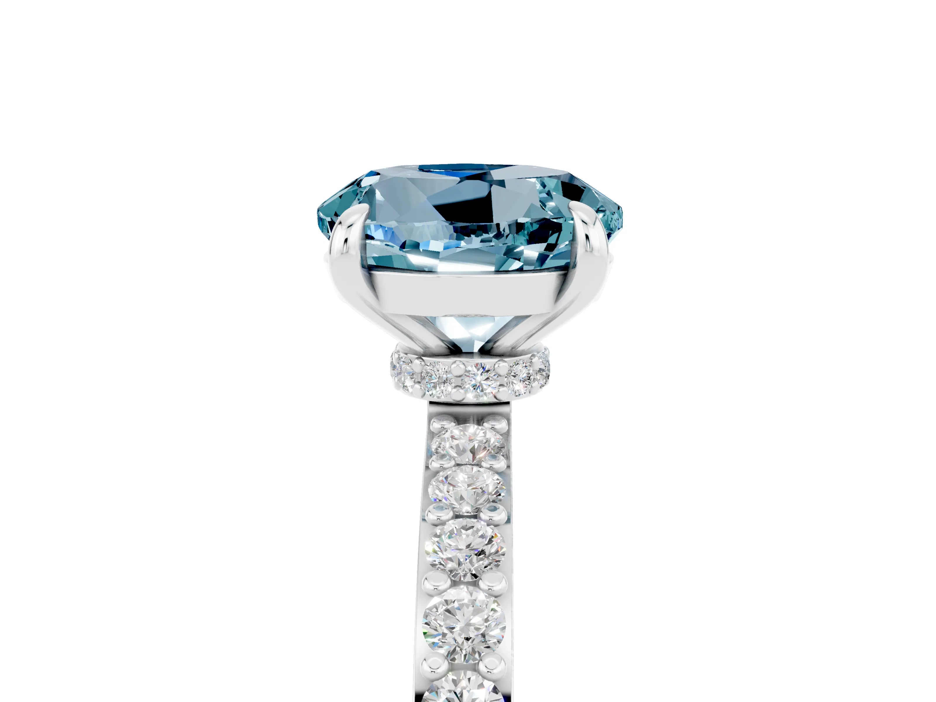 White gold Round Cut Aquamarine Solitaire Engagement Ring with Pavé Band and Four-Prong Setting_5