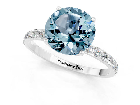 White gold Round Cut Aquamarine Solitaire Engagement Ring with Pavé Band and Prong Setting_1