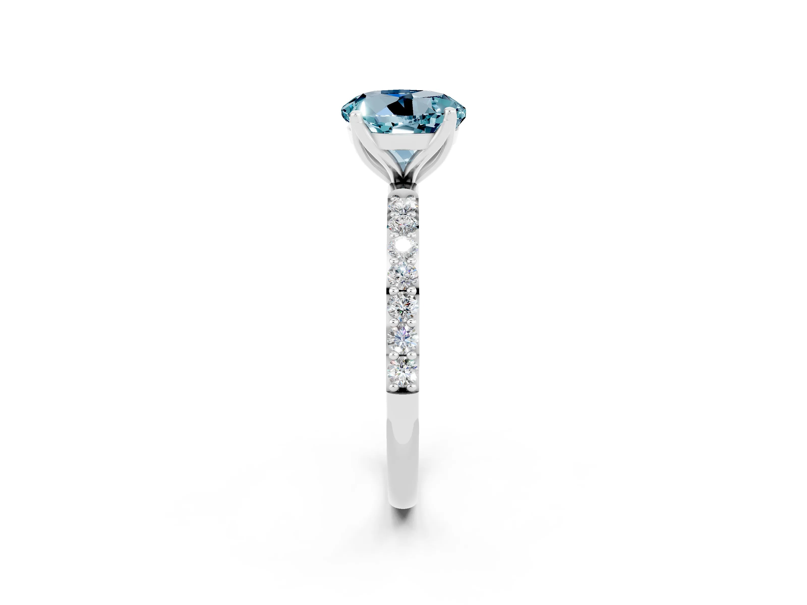 White gold Round Cut Aquamarine Solitaire Engagement Ring with Pavé Band and Prong Setting_2