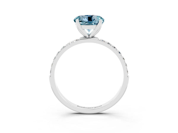 Silver Round Cut Aquamarine Solitaire Engagement Ring with Round  Pavé Band and Prong Setting