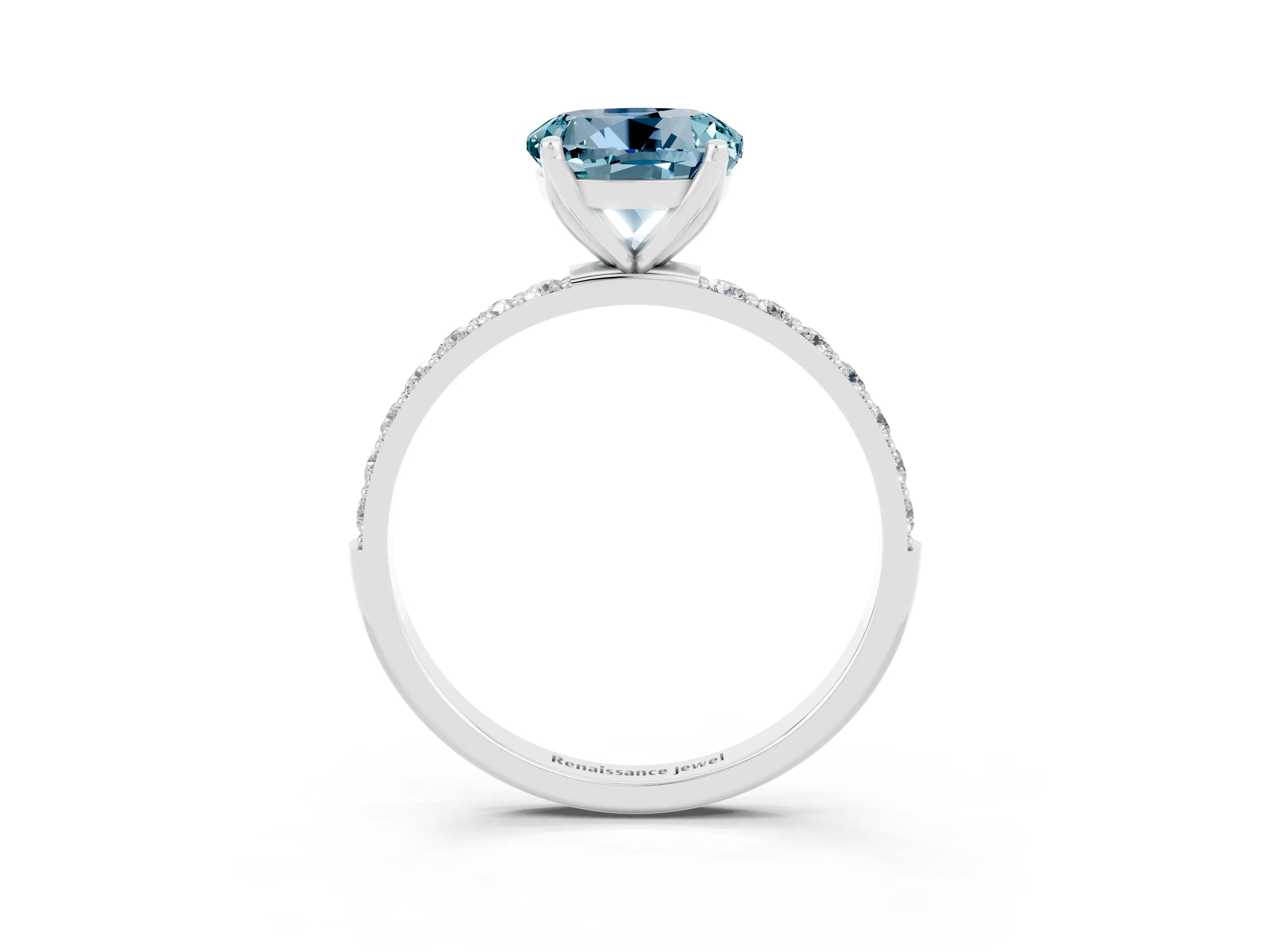 White gold Round Cut Aquamarine Solitaire Engagement Ring with Pavé Band and Prong Setting_3