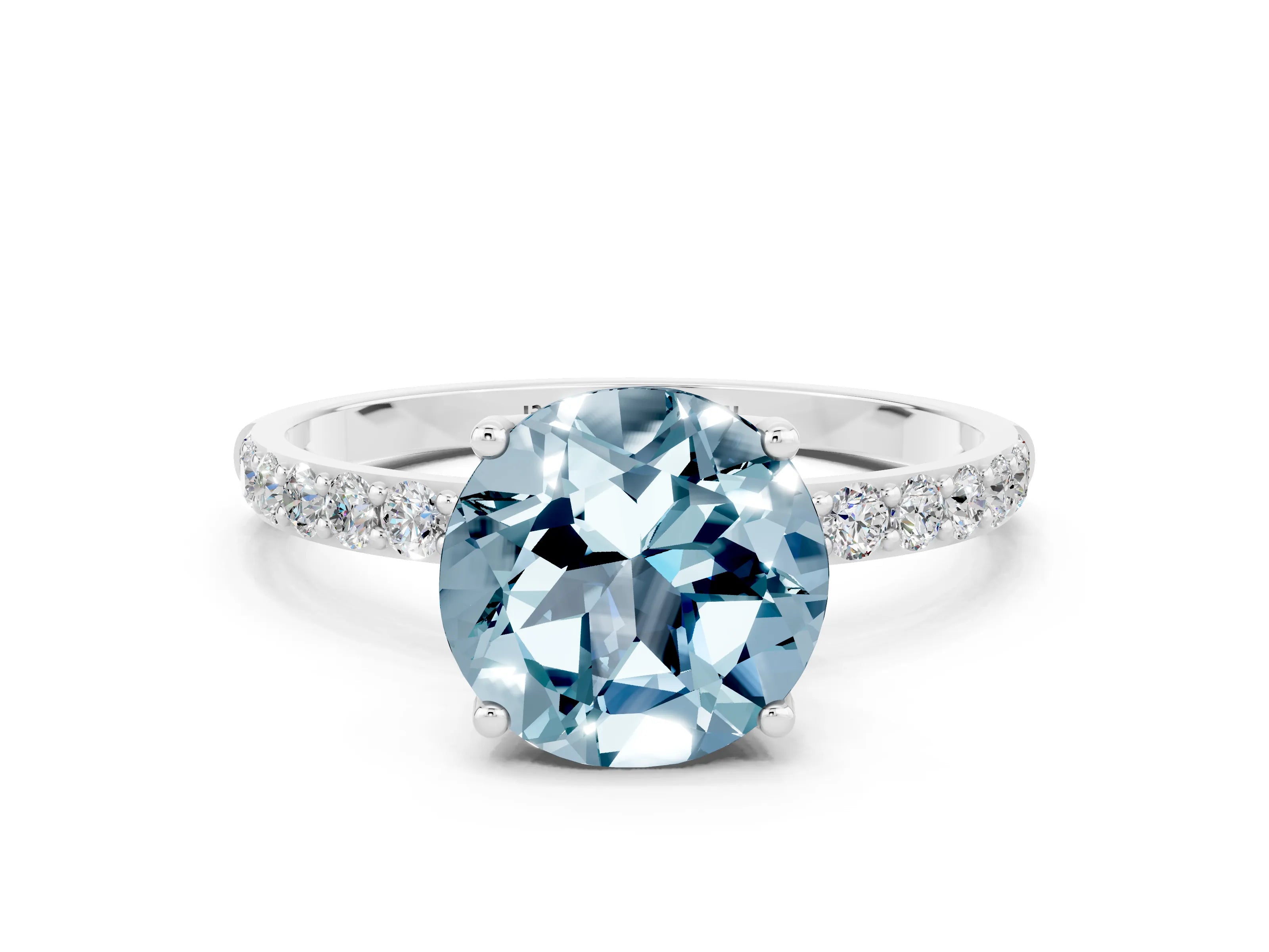 White gold Round Cut Aquamarine Solitaire Engagement Ring with Pavé Band and Prong Setting