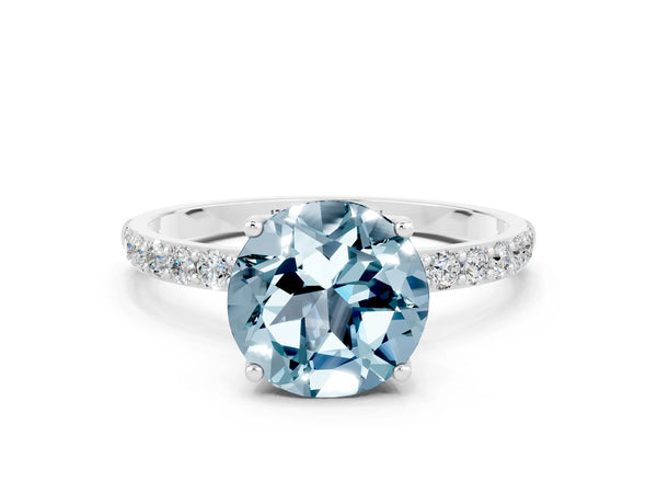 Silver Round Cut Aquamarine Solitaire Engagement Ring with Round  Pavé Band and Prong Setting
