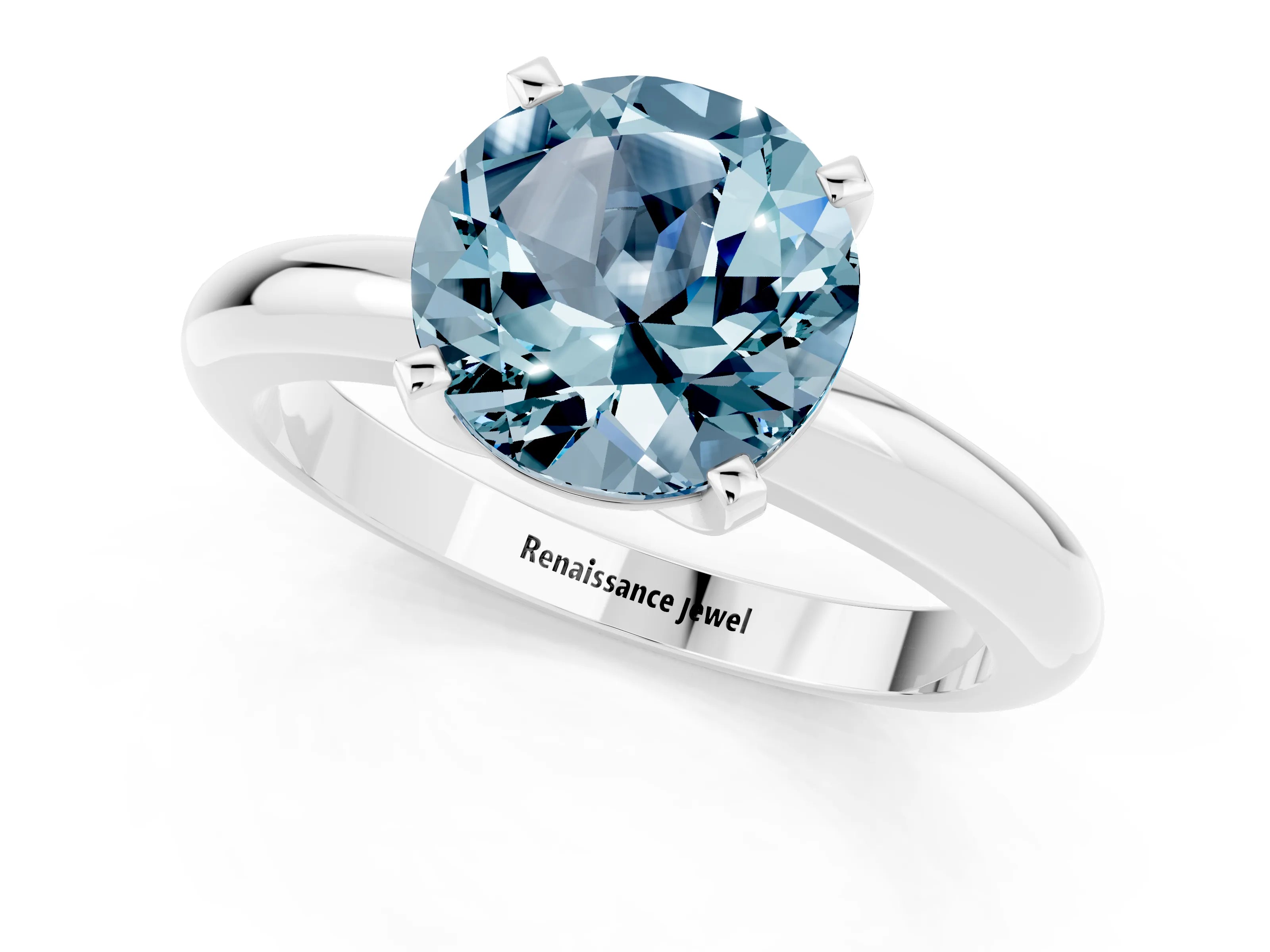 White gold Round Cut Aquamarine Solitaire Engagement Ring with Round Band and Four-Prong Setting_1
