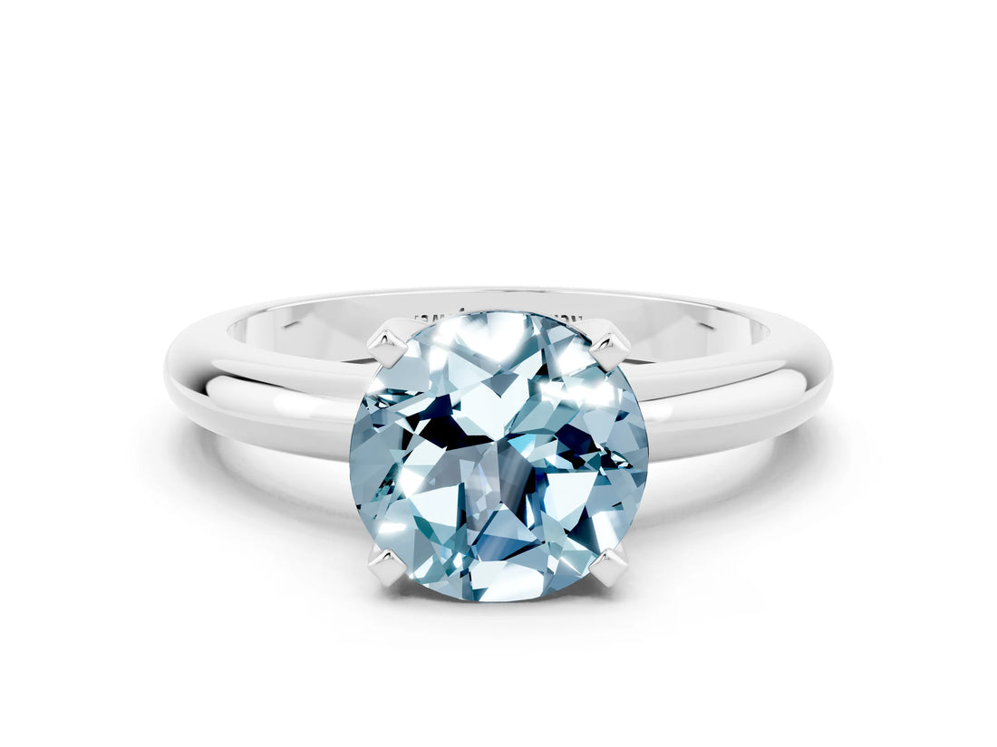 White gold Round Cut Aquamarine Solitaire Engagement Ring with Round Band and Four-Prong Setting