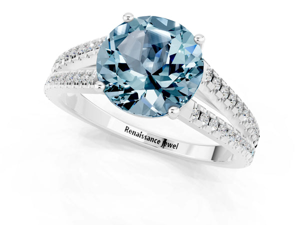 Platinum Round Cut Aquamarine Solitaire Engagement Ring with Split Shank Pavé Band