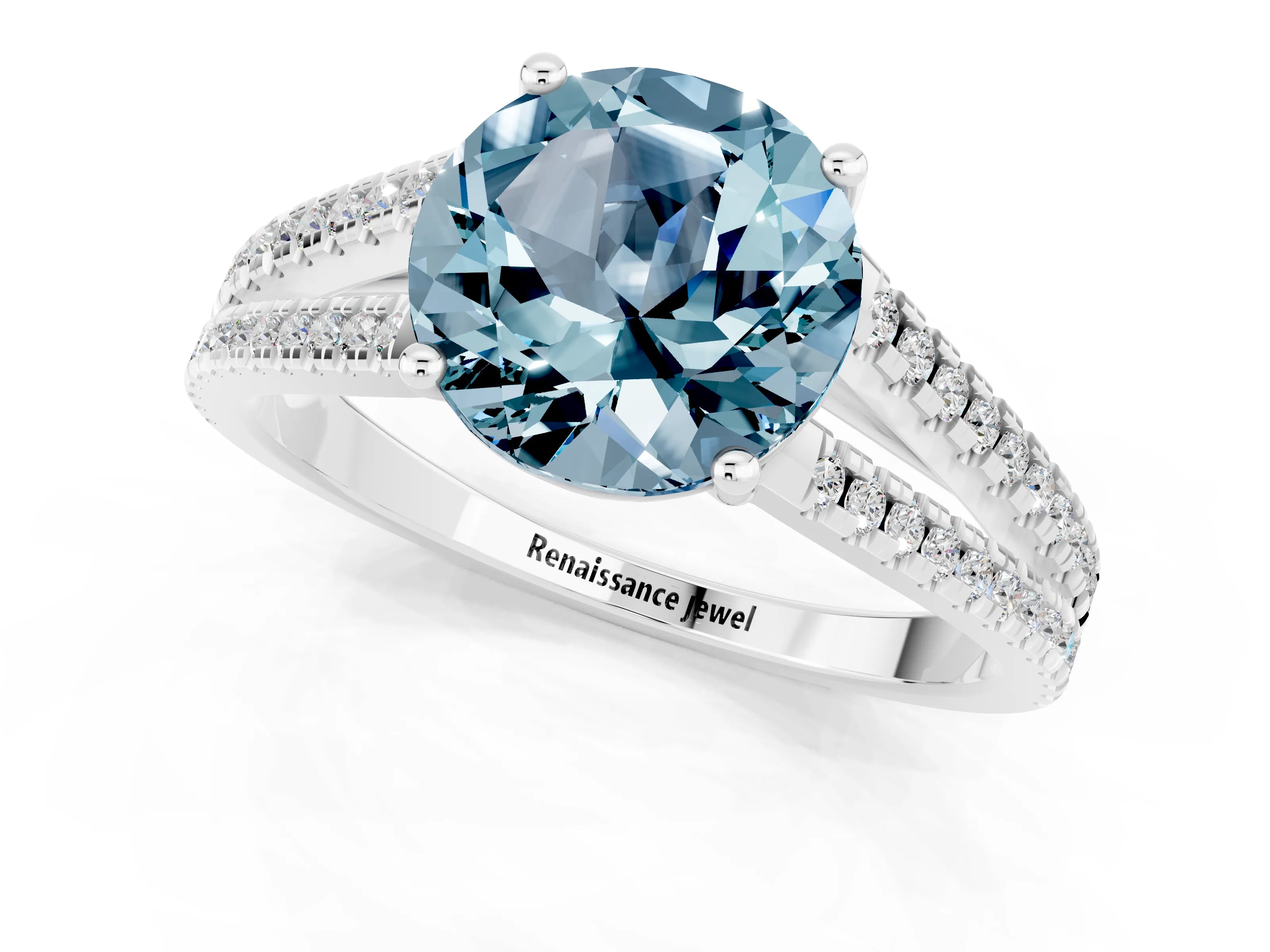 White gold Round Cut Aquamarine Solitaire Engagement Ring with Split Shank Pavé Band_1