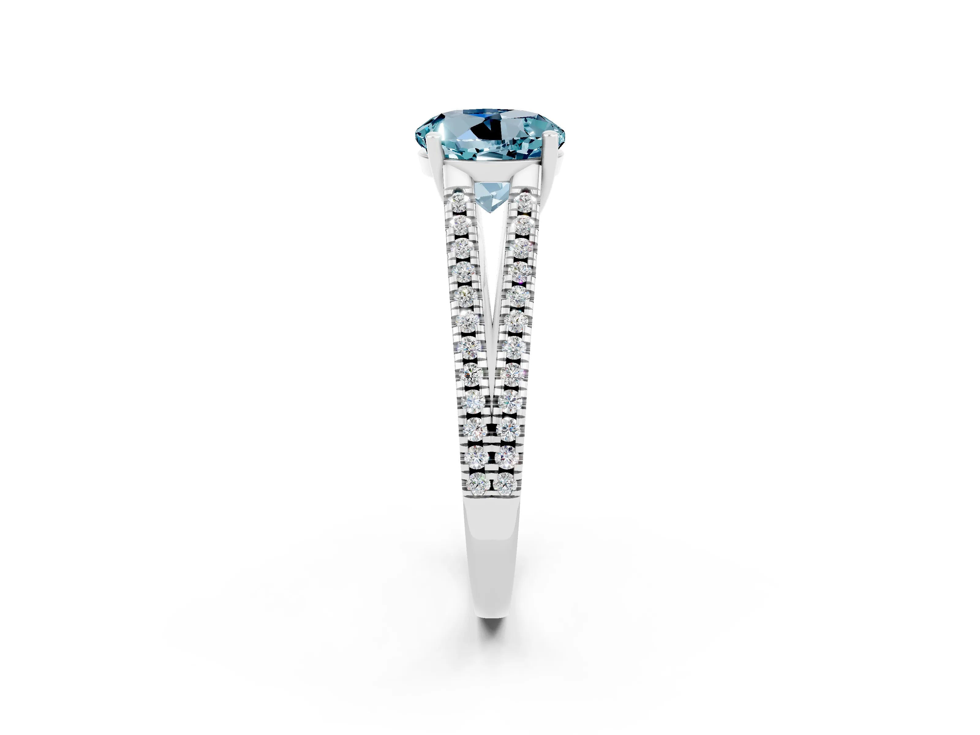 White gold Round Cut Aquamarine Solitaire Engagement Ring with Split Shank Pavé Band_2
