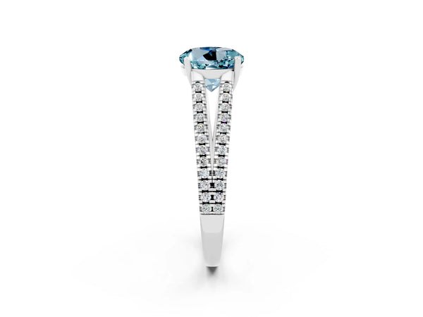 Silver Round Cut Aquamarine Solitaire Engagement Ring with Split Shank Pavé Band