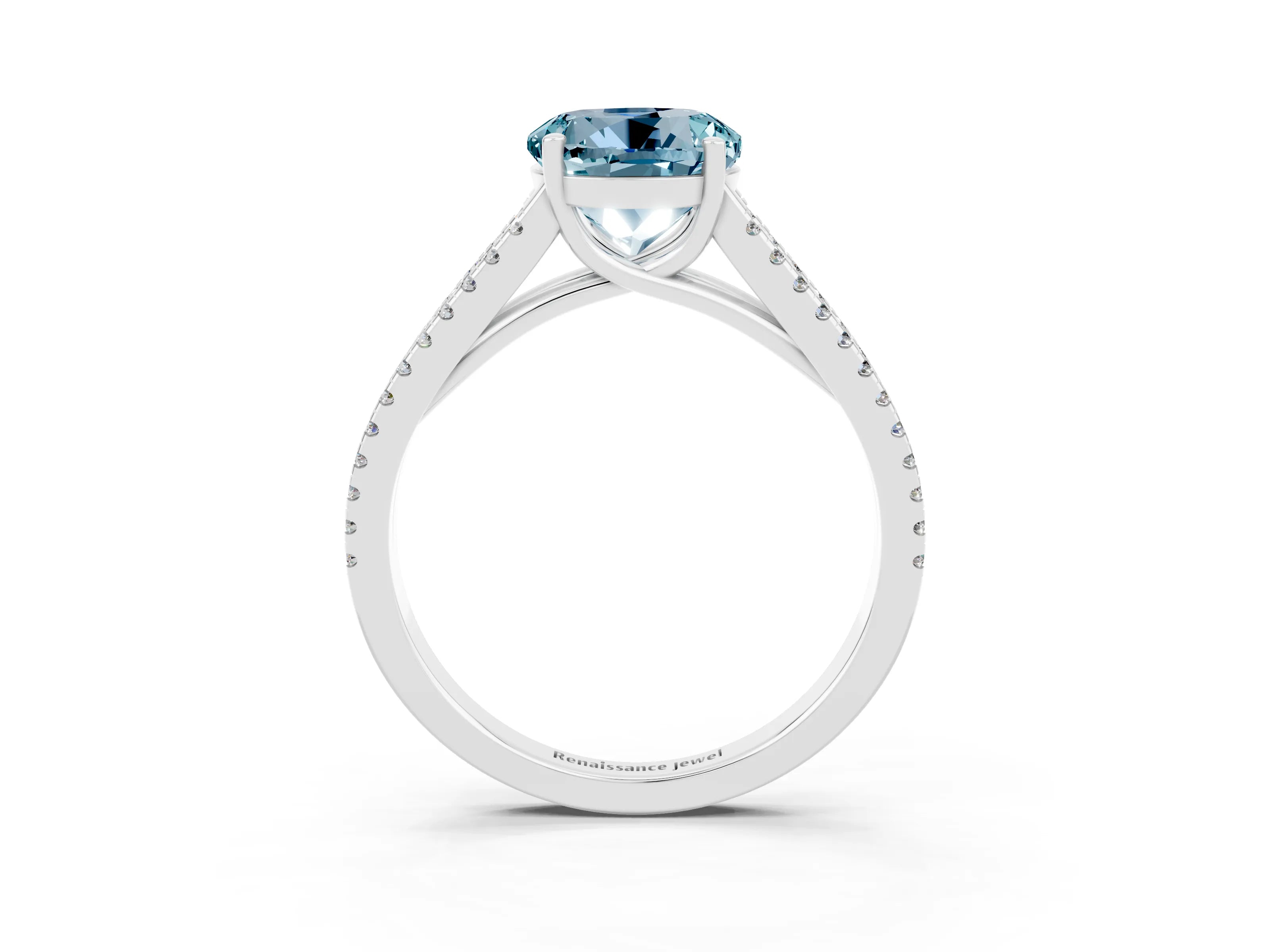 White gold Round Cut Aquamarine Solitaire Engagement Ring with Split Shank Pavé Band_3