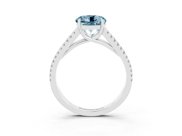White gold Round Cut Aquamarine Solitaire Engagement Ring with Split Shank Pavé Band