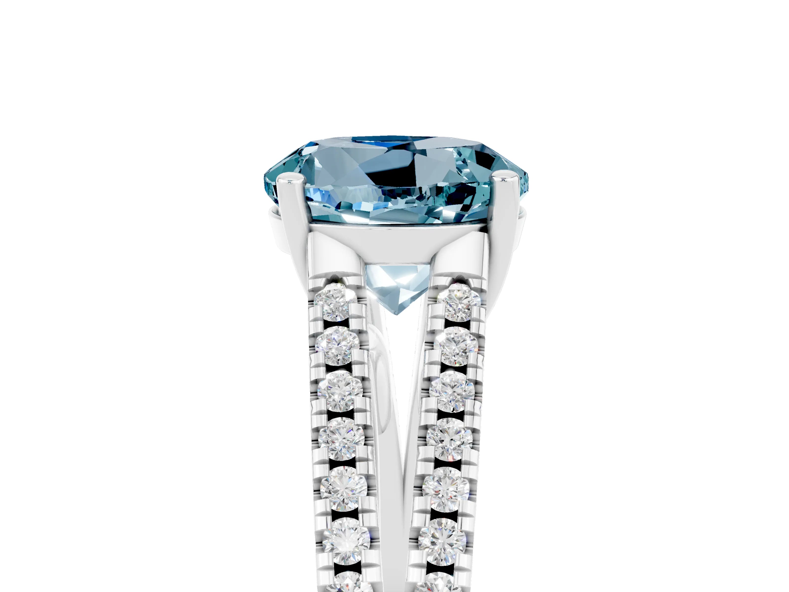White gold Round Cut Aquamarine Solitaire Engagement Ring with Split Shank Pavé Band_5