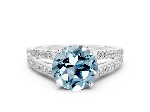 White gold Round Cut Aquamarine Solitaire Engagement Ring with Split Shank Pavé Band