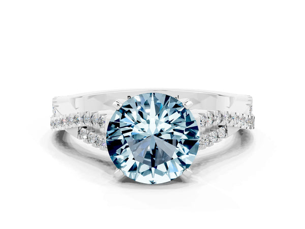 Silver Round Cut Aquamarine Solitaire Engagement Ring with Twisted Pavé Band and Four-Prong Setting