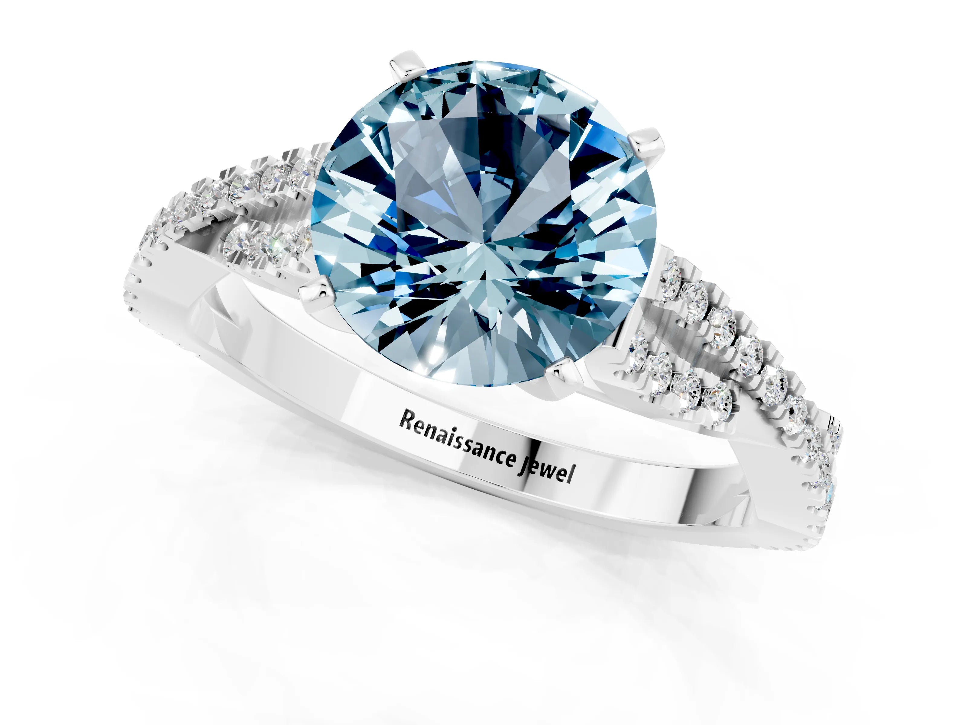 White gold Round Cut Aquamarine Solitaire Engagement Ring with Twisted Pavé Band and Four-Prong Setting_13