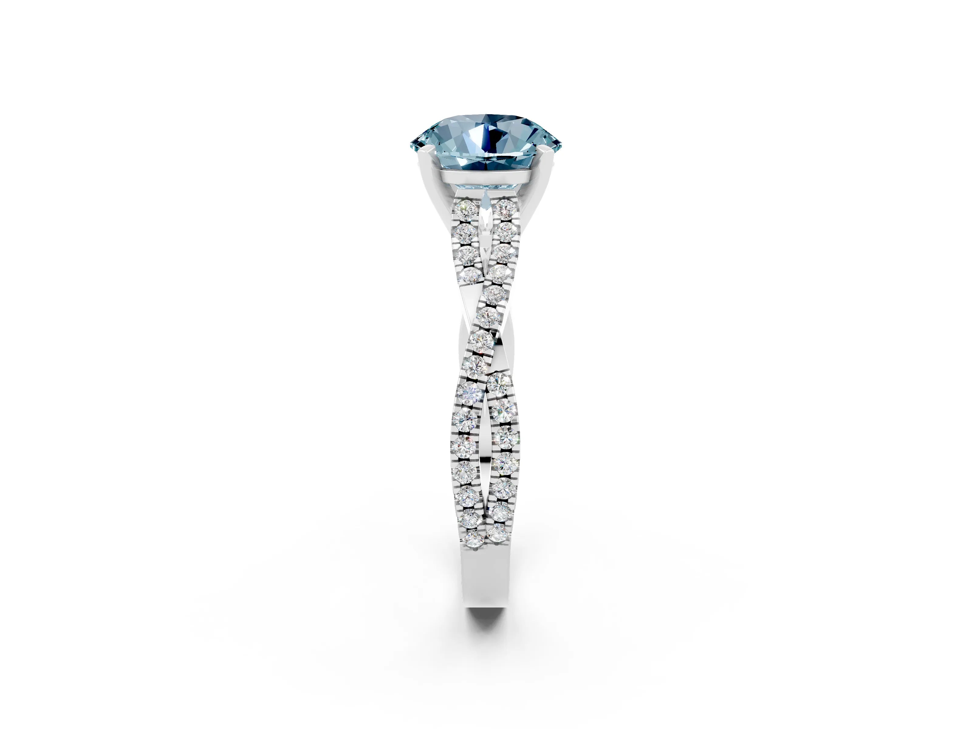 White gold Round Cut Aquamarine Solitaire Engagement Ring with Twisted Pavé Band and Four-Prong Setting_14