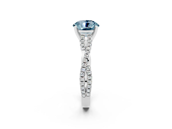 Silver Round Cut Aquamarine Solitaire Engagement Ring with Twisted Pavé Band and Four-Prong Setting